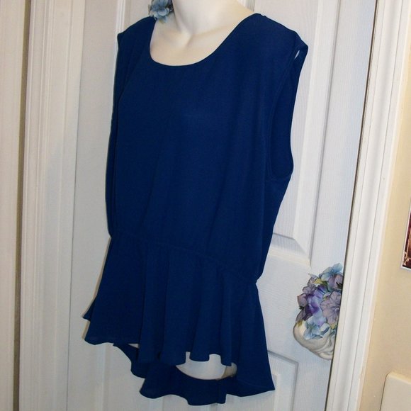 MINE TOO 2XL Cobalt Blue Peplum Pullover Top NWT Cut Out Back Semi Sheer - Picture 2 of 8